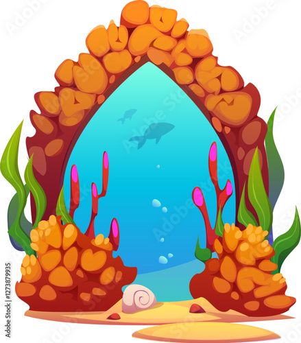 Underwater portal or magic stone with gate door to sea, vector game element. Cartoon portal to undersea world of stone arch in rock cave with fishes and coral reef seaweeds in sea or ocean water