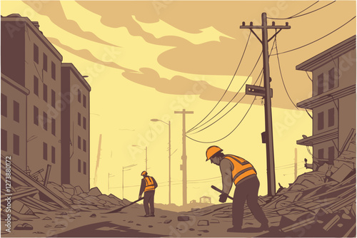  Post-apocalyptic scene, construction workers in safety gear, debris field, sunset sky, orange and yellow reflective vests, hard hats, destroyed buildings, atmospheric lighting, cinematic, dramatic,