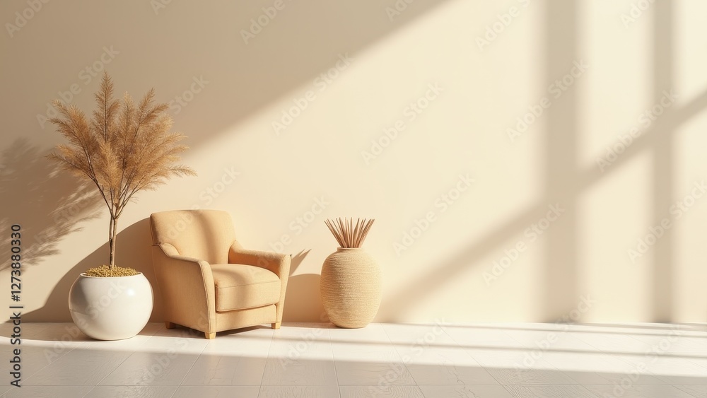 A light beige armchair is placed next to a large potted plant and a decorative vase in a sunlit room with a light beige wall.