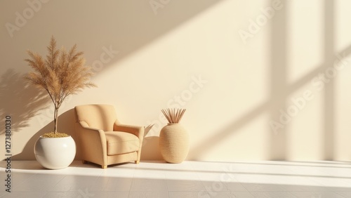 Obraz na płótnie A light beige armchair is placed next to a large potted plant and a decorative vase in a sunlit room with a light beige wall. w salonie