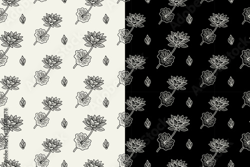 lotus petals with leaves doodle seamless pattern on black white background set. lotus flower petal engraving pattern background. retro lotus flower with leaves background for florist merchandise