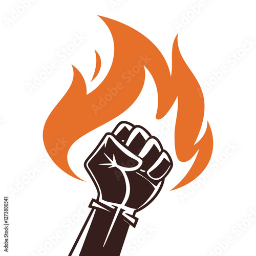 Clenched fist rises amid vibrant flames. Representing strength and passion. Vector illustration
