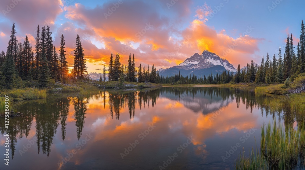 Fototapeta premium Mountain Lake Sunset Reflecting Colorful Sky
