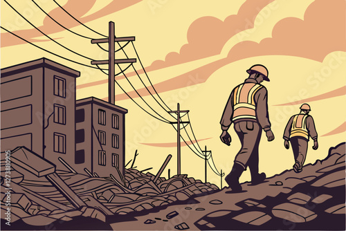  Post-apocalyptic scene, construction workers in safety gear, debris field, sunset sky, orange and yellow reflective vests, hard hats, destroyed buildings, atmospheric lighting, cinematic, dramatic,