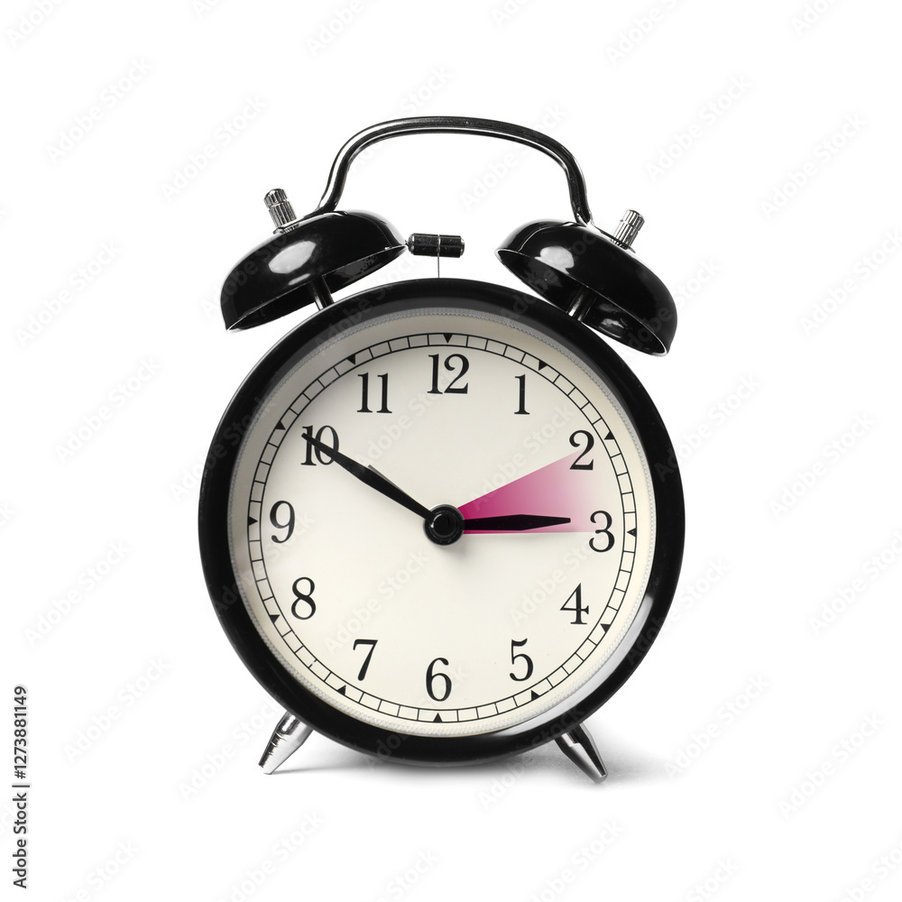 Daylight saving time. Black alarm clock on white background. Highlighted area showing time change by one hour forward Daylight saving time. Black alarm clock on white background. Highlighted area showing time change by one hour forward