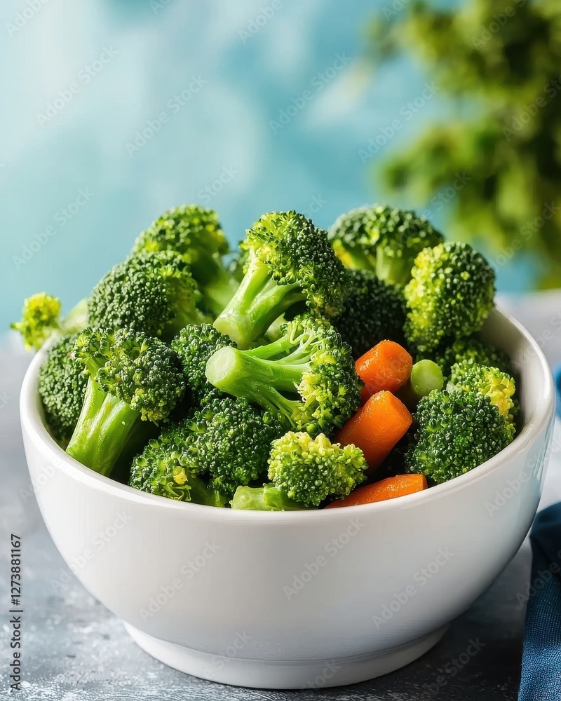 Fresh Green Broccoli and Carrots in a White Bowl on Table Fresh Green Broccoli and Carrots in a White Bowl on Table