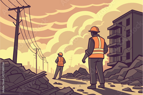  Post-apocalyptic scene, construction workers in safety gear, debris field, sunset sky, orange and yellow reflective vests, hard hats, destroyed buildings, atmospheric lighting, cinematic, dramatic,