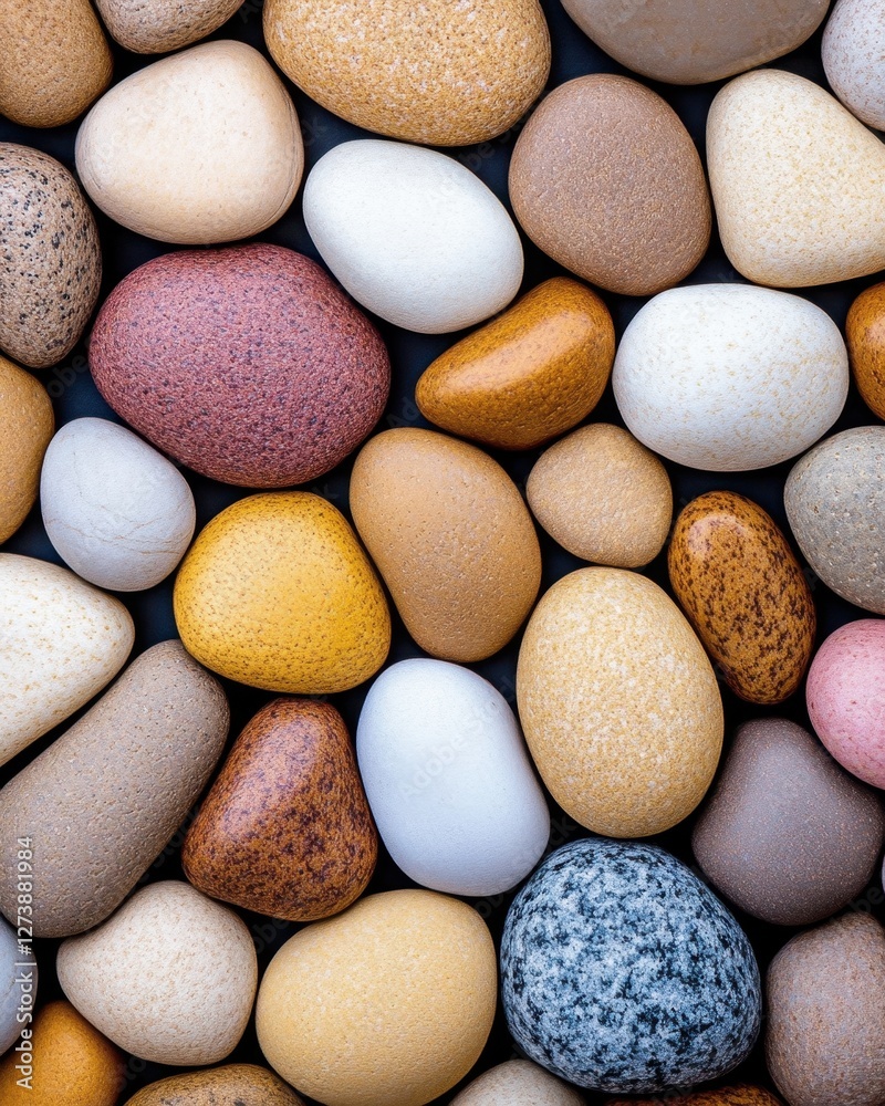 Close up view of various smooth, multicolored stones. The stones are predominantly earth tones with some off white and gray pieces. The texture Close up view of various smooth, multicolored stones. The stones are predominantly earth tones with some off white and gray pieces. The texture