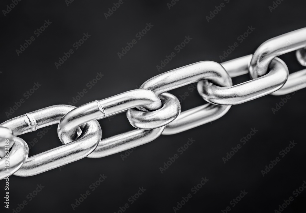 Fototapeta premium Close up view of a metallic chain against a dark background. The chain shows signs of wear, with some links appearing scratched or slightly damaged