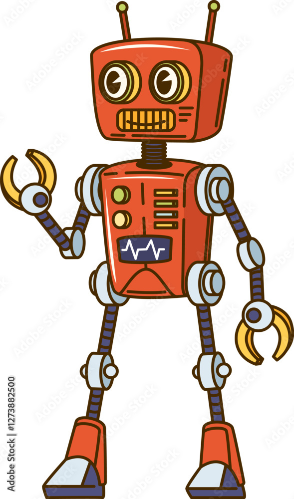 Groovy retro robot cartoon character with funky face and mechanical arms, vector personage. Groovy retro robot with silly face, buttons or toggles and display, transformer bot or android character
