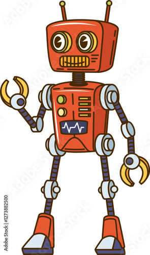 Groovy retro robot cartoon character with funky face and mechanical arms, vector personage. Groovy retro robot with silly face, buttons or toggles and display, transformer bot or android character