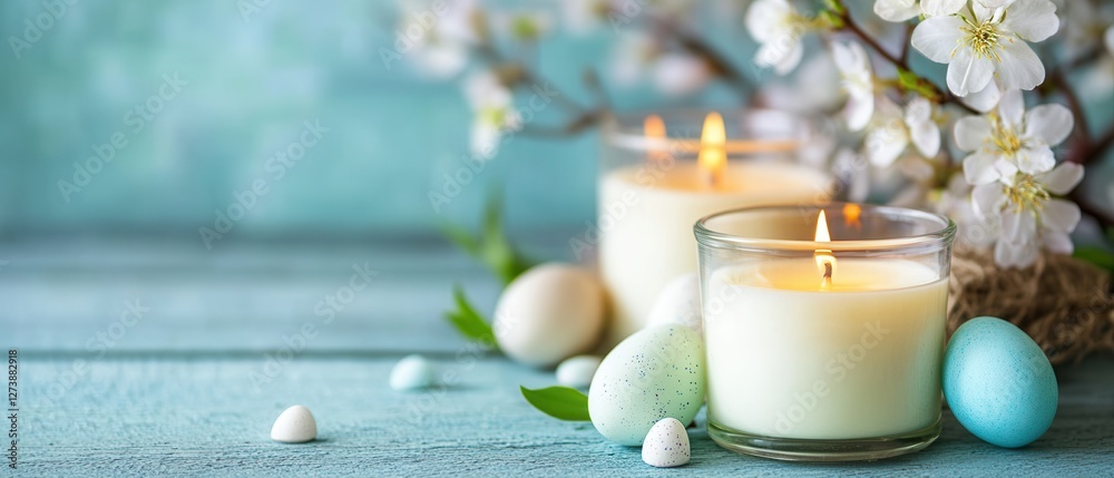 A decorative arrangement features candles, Easter eggs, and vibrant flowers on a table, creating a festive and cheerful atmosphere.