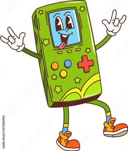 Retro hippie groovy game console with funny face and funky smile, vector cartoon character. Comic groovy handheld game console with freaky tongue out and cool fingers gesture for gaming character