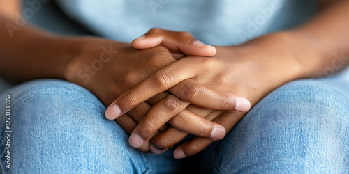 Close-up of Clasped Hands on Denim Lap