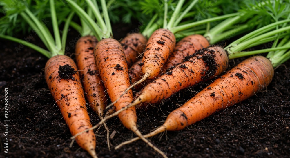 A close-up, highly detailed image of freshly harvested carrots still covered in rich, dark soil. Some carrots are partially pulled out, showing their vibrant orange color contrasting with the black ea A close-up, highly detailed image of freshly harvested carrots still covered in rich, dark soil. Some carrots are partially pulled out, showing their vibrant orange color contrasting with the black ea