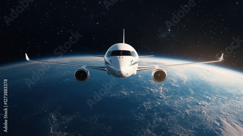 Airplane flying earth in outer space view
