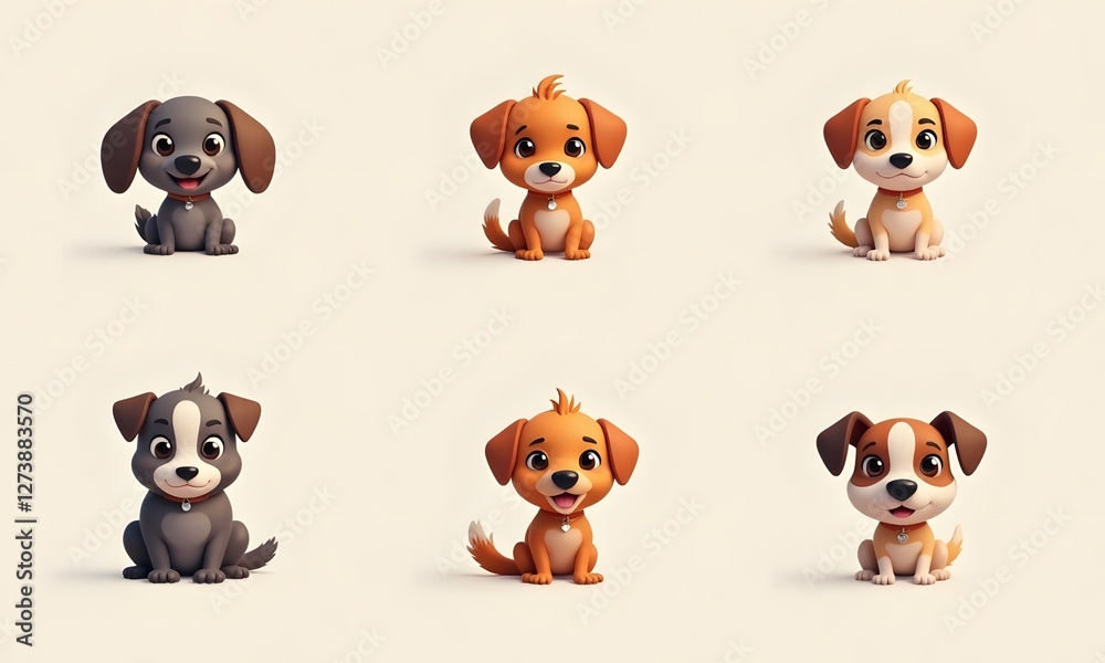 Obraz premium Adorable 3D Puppies with Collars in Row Formation on Beige Background