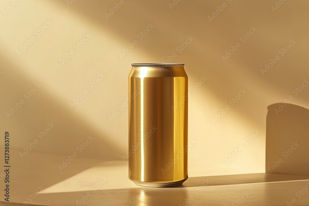 Blank mockup template of a tall matte beverage can with custom labeling, reflecting soft light on a polished surface.