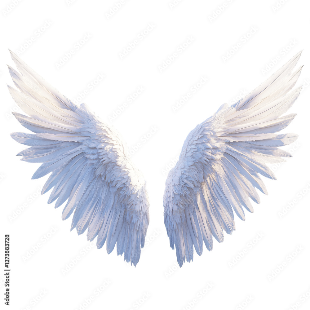 Fototapeta premium 3D White angel wings on transparent background, Dimensional model rendered asset, Angled side view, bird feather design natural angelic flying
