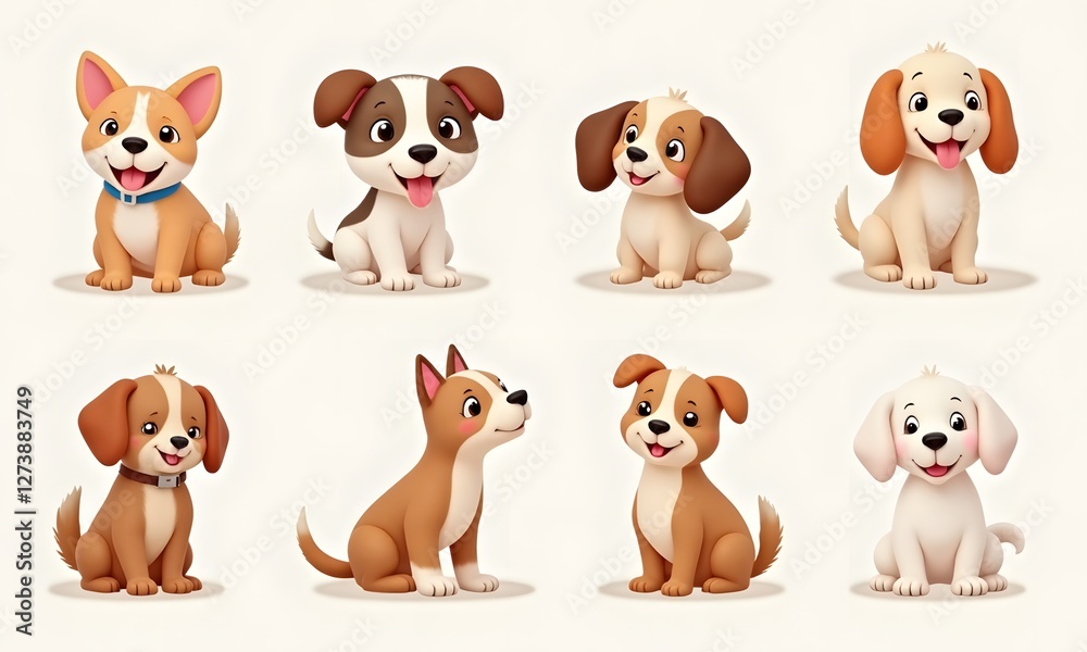 Eight Diverse Breed Puppies in 3D Render Against White Background Eight Diverse Breed Puppies in 3D Render Against White Background
