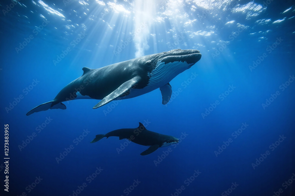 Fototapeta premium Humpback whales swimming in clear ocean