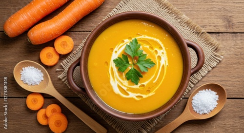 A top-down view of a steaming bowl of creamy carrot soup, garnished with fresh parsley and a drizzle of olive oil. The soup is served in a rustic ceramic bowl placed on a wooden table. Around it, slic photo