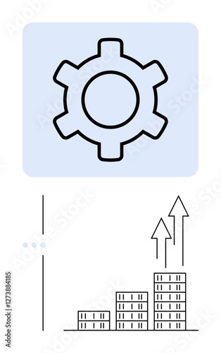 Gear inside blue square and bar chart with upward arrows emphasizing growth, efficiency, and success. Ideal for business planning, innovation, strategy development, data analysis, teamwork