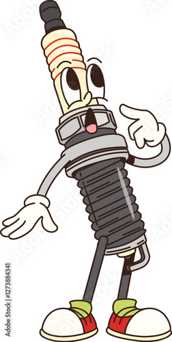 Cartoon retro groovy car spark plug character. Automobile mechanic garage groovy mascot, car ignition system spare part cartoon isolated vector funny character or auto repair service cute personage