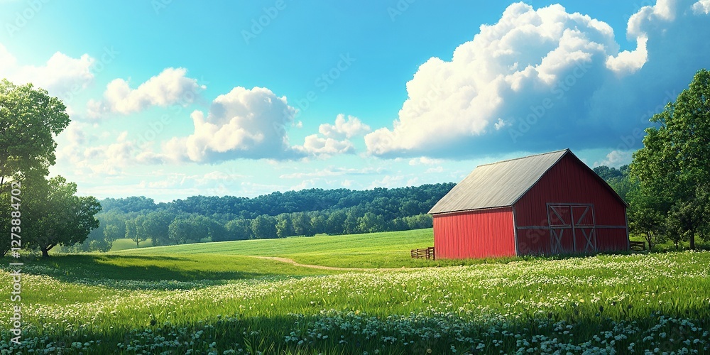 A red barn in the middle of a green farmland, a beautiful sky with clouds, a blue and white sky A red barn in the middle of a green farmland, a beautiful sky with clouds, a blue and white sky