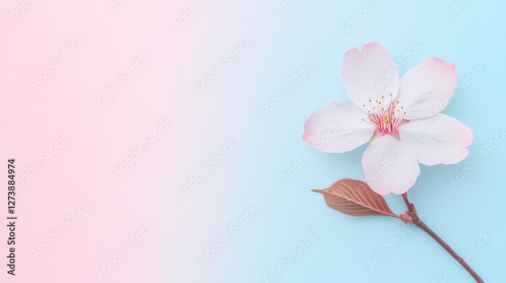 Fototapeta premium minimalist design featuring single cherry blossom against soft pastel background evokes tranquility and beauty. delicate flower stands out with its pink and white petals