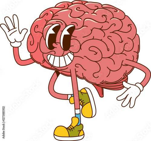 Cartoon groovy human brain happy smiling character. Physiology and biology vintage groovy vector cheerful personage, human body healthcare brain cute character. Intelligence and knowledge mascot