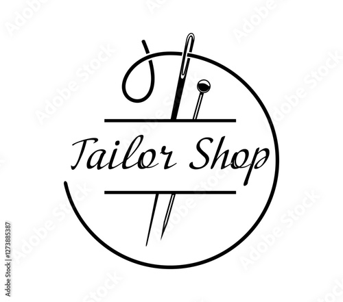 Tailor shop, embroidery and stitch icon, vector monochrome emblem for sewing atelier, textile tailoring and needlework craft. Isolated label with needle, pin and thread for handmade clothes shop