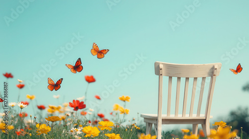 Wallpaper Mural serene scene featuring white chair surrounded by vibrant wildflowers and butterflies fluttering in clear blue sky, evoking sense of tranquility and beauty Torontodigital.ca