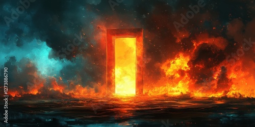 A vivid digital illustration of a fiery explosion bursting forth from a dark blue sky, engulfed in intense oranges, yellows, and reds, creating an awe-inspiring contrast photo