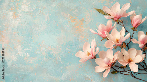vibrant composition of pink magnolia flowers blooming against textured blue background, creating serene and refreshing atmosphere