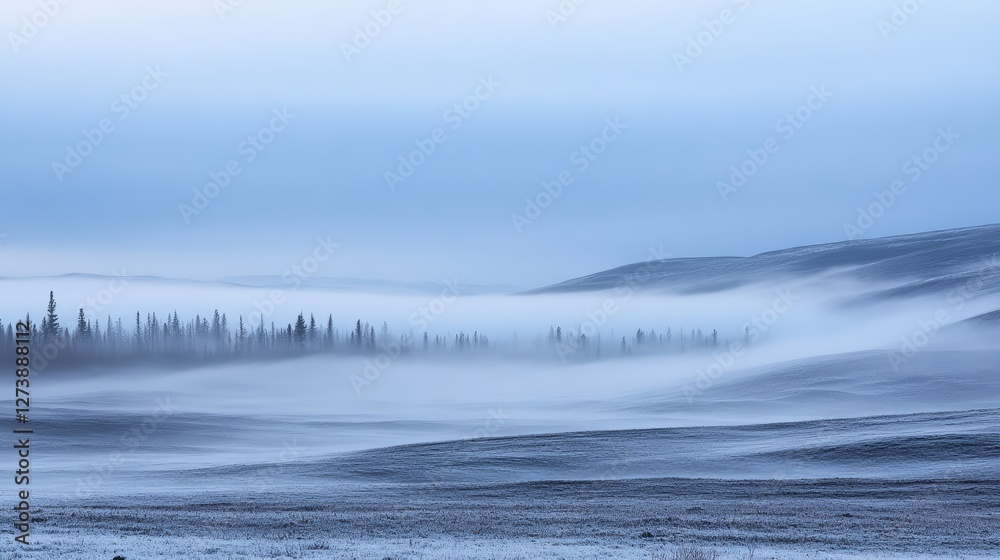 Obraz premium Fog rolling across a barren landscape, soft movement obscuring distant trees