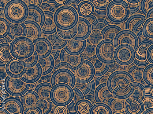 Abstract Seamless Pattern of Overlapping Concentric Circles in Blue and Orange Tones.