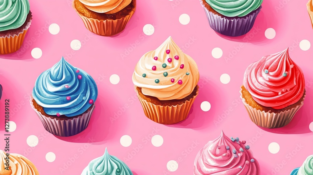 Colorful cupcakes with frosting and sprinkles on pink background.