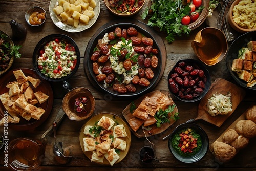 Traditional Ramadan Feast Featuring Dates and Tea. photo