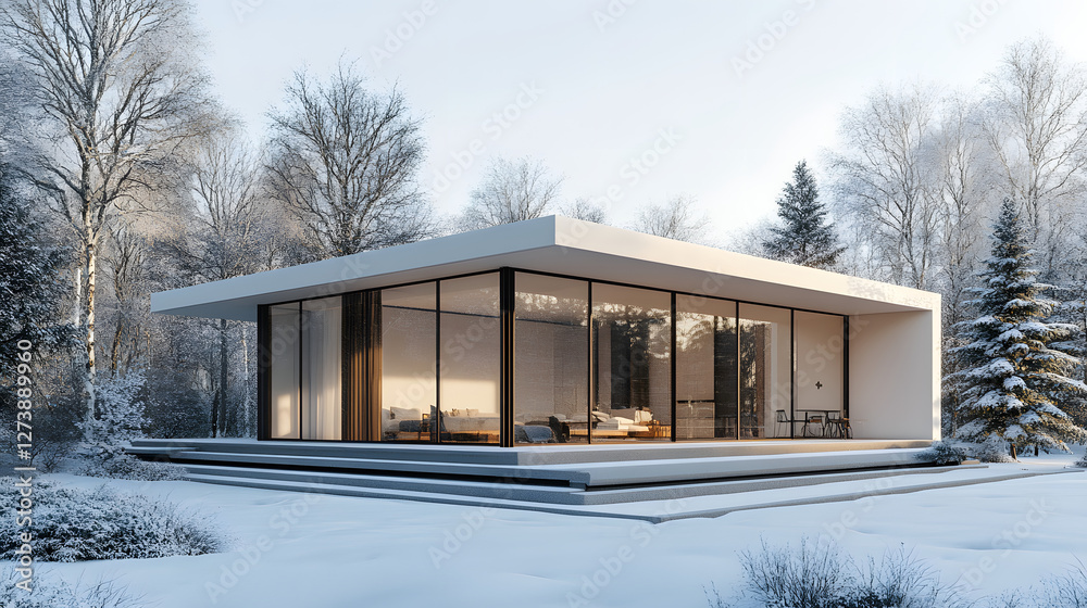 Modern minimalist style, white background, snowy landscape, a villa surrounded by trees on the right side of the building
Modern minimalist style, white background, snowy landscape, a villa surrounded by trees on the right side of the building