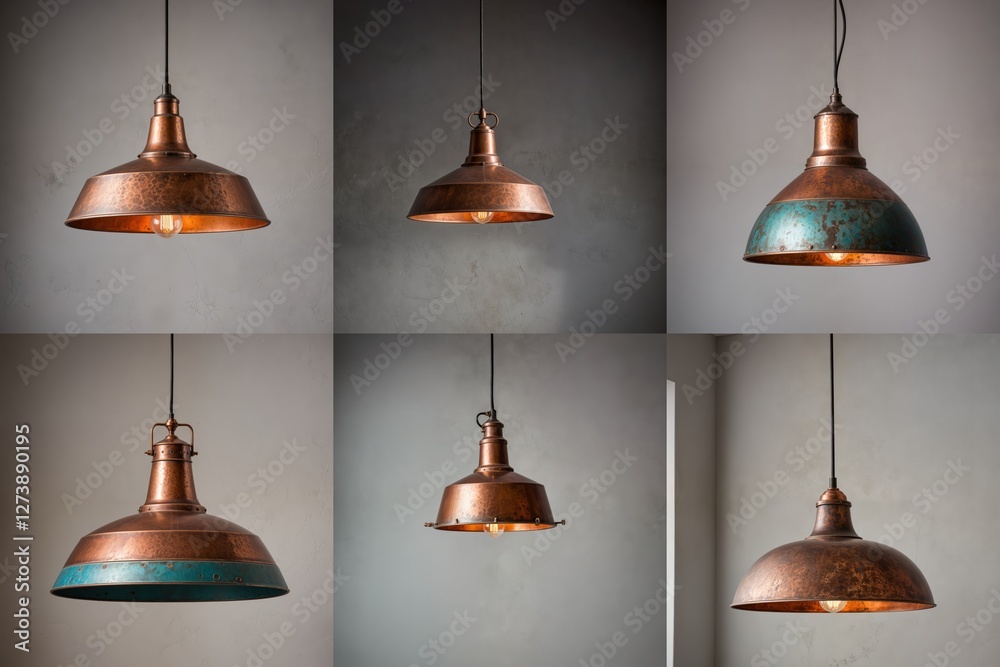 Obraz premium This collage features six copper-colored pendant lights suspended from a white wall, each with a unique design and hanging from a metal hook, creating a visually appealing and harmonious composition