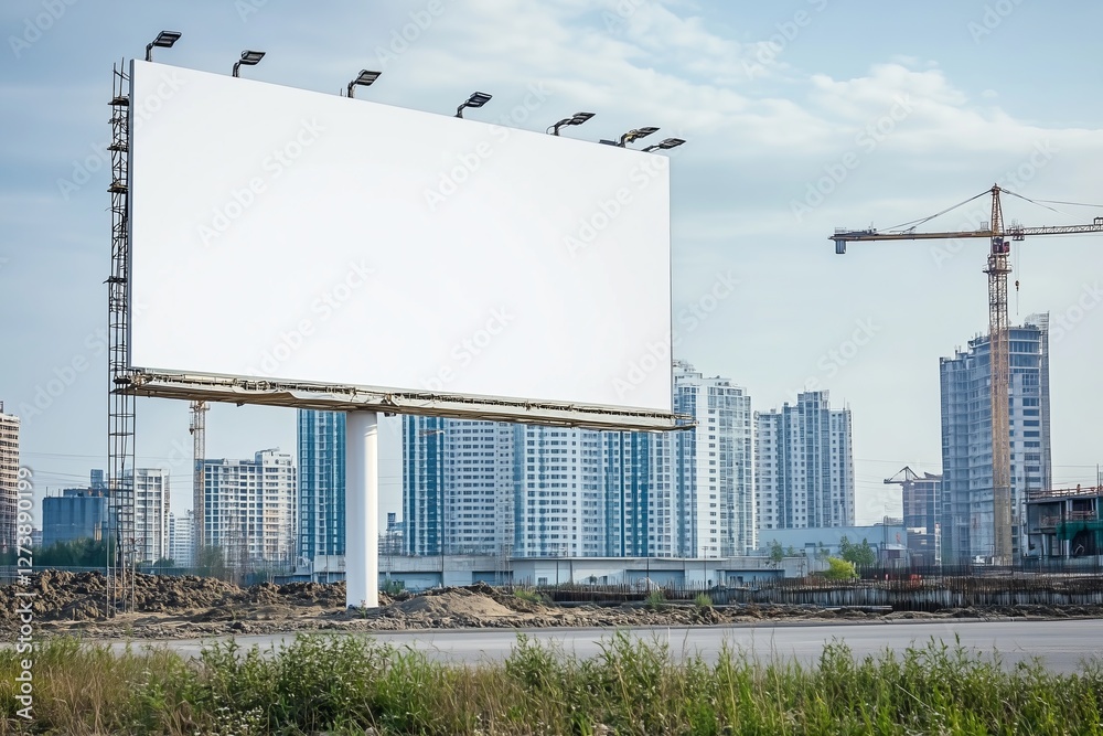 Obraz premium Empty white billboard near construction site with modern buildings and cranes in the background