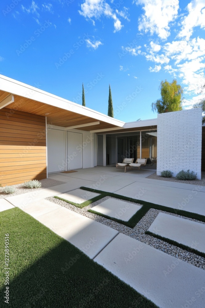 Fototapeta premium Modern architectural design showcases a serene outdoor space with geometric pathways and contemporary furnishings under a clear blue sky