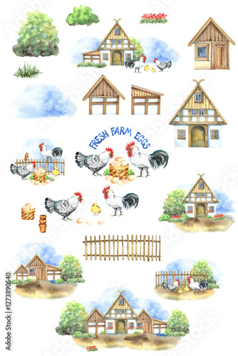 Happy chicken clipart. Farm Animals, Rooster, Hen, Bio Eggs, Coop, Chicks, Nest, Eco Village. Isolated elements. Stock illustration. Hand painted in watercolor.