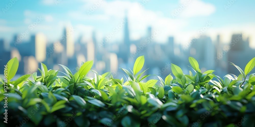 Bright green leaves in the foreground with a city skyline and clear blue sky in the background during daylight Bright green leaves in the foreground with a city skyline and clear blue sky in the background during daylight