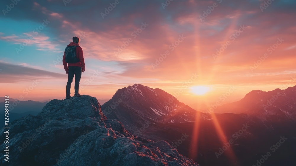 Fototapeta premium Man with Backpack Hiking on Mountain Peak at Sunrise Stunning View