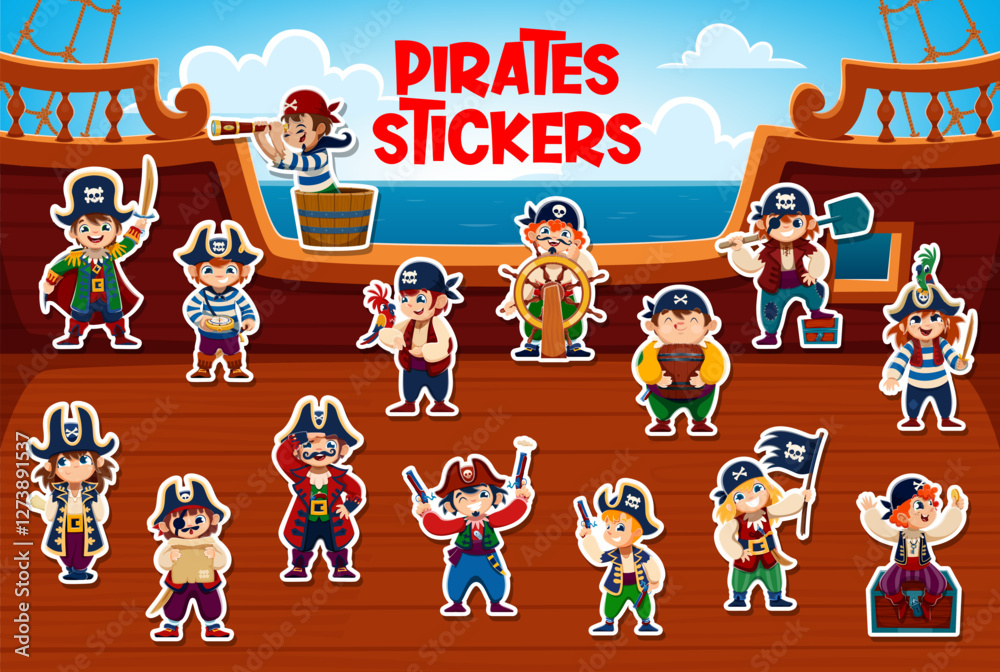 Obraz premium Kid pirate and corsair characters stickers pack, vector piracy. Cartoon funny boy and girl personages of kid pirate captain, sailor and corsair, skipper and boatswain at filibusters ship deck