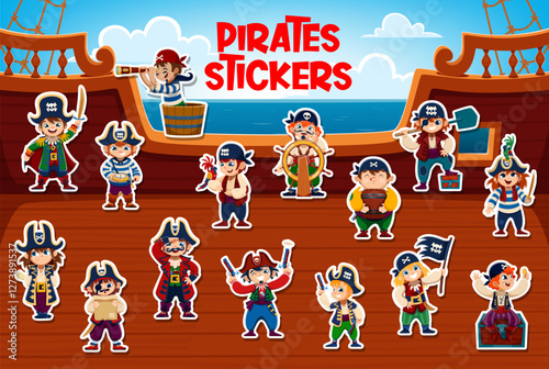 Kid pirate and corsair characters stickers pack, vector piracy. Cartoon funny boy and girl personages of kid pirate captain, sailor and corsair, skipper and boatswain at filibusters ship deck