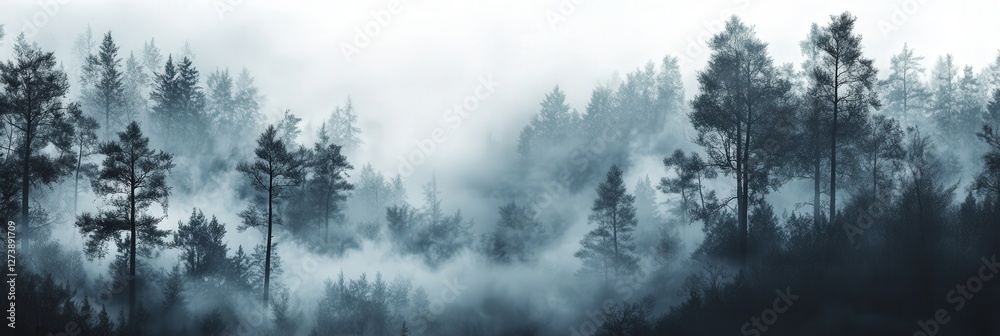 Fototapeta premium a forest landscape, where thick fog obscures the background, leaving the foreground trees in sharp focus.