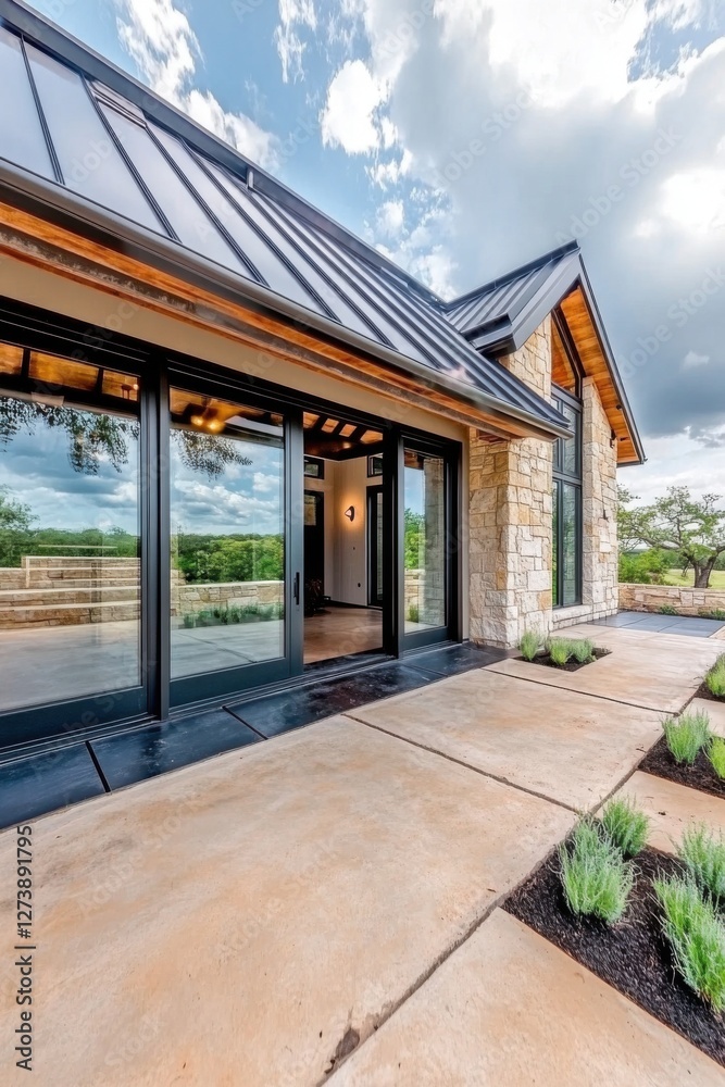 Beautiful modern home entrance with stone and metal accents in a scenic outdoor setting, showcasing the combination of natural light and contemporary architecture